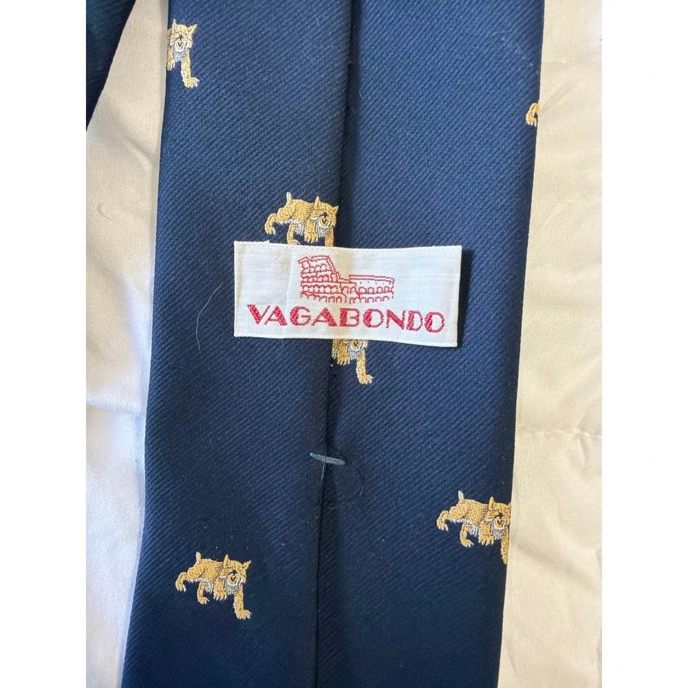 Vagabondo Mens Navy Blue Embroidered Bobcat‎ Lynx Animal Pattern Necktie
